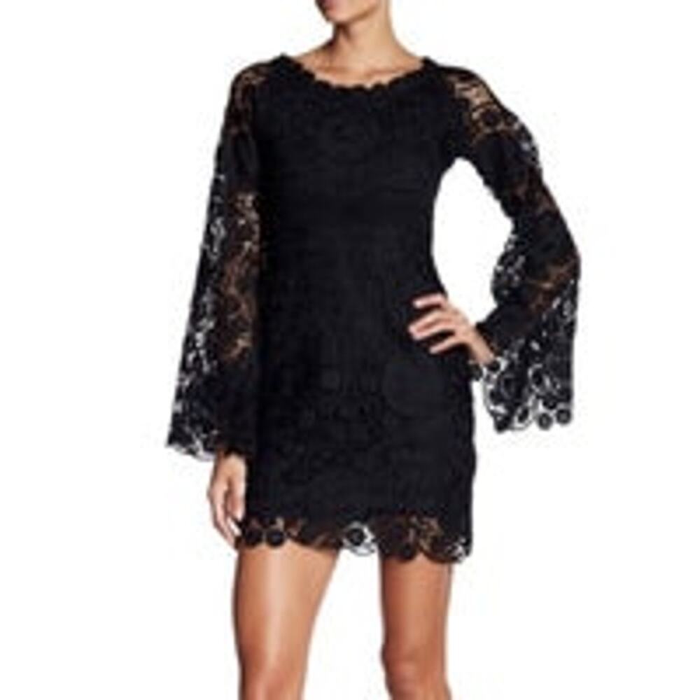Romeo & Juliet Couture Dress Crochet Lace Flare Sleeve Black Mini Women's Size M